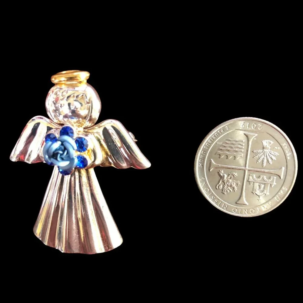 Angel Brooch Blue‎ Rose Silver Tone Pin Gold Halo Pin